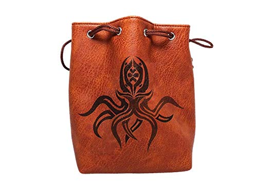 Brown Leather Lite Large Dice Bag with Cthulhu Design - Brown Faux Leather Exterior with Lined Interior - Stands Up on its Own and Holds 400 16mm Polyhedral Dice