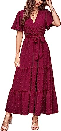 MASCOMODA Women Boho Swiss Dot Maxi Dresses Wrap V Neck Flutter Short Sleeve Solid Tie Waist A Line Tiered Flowy Long Dresses