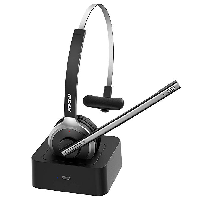 Mpow Bluetooth Headset with Charging Station, Trucker Headsets with Microphone for Long Hauls, Hands-Free Bluetooth Earpiece with Mute Function for Mobile/PC/Office/Call Center