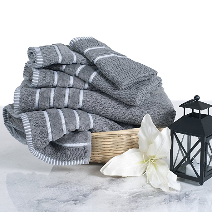 Lavish Home Combed Cotton Towel Set- Rice Weave 100% Combed Cotton 6 Piece Set With 2 Bath Towels, 2 Hand Towels and 2 Washcloths by Silver Gray