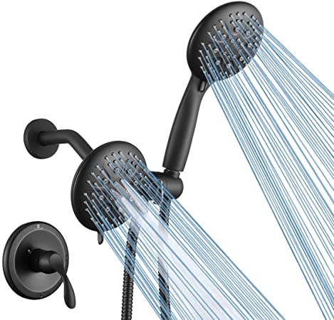 HOMELODY Shower Faucet Set with Valve High Pressure Shower System Kit 35 Settings 5" Dual 2 in 1 Showerhead & Handheld, Matte Black Shower Trim Kit, 3-Way Water Diverter, with Shower Hose