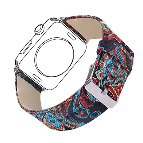 Vintage Leather Band for Apple Watch, Bandmax Ethnic Style Stainless Steel Metal Clasp Buckle Comfortable Genuine Leather Watch Strap for Apple Watch Series 3/2/1 42MM(Vintage Pattern 42MM)