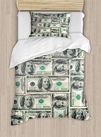 Ambesonne Money Twin Size Duvet Cover Set, Dollar Bills of United States Federal Reserve with The Portrait of Ben Franklin, Decorative 2 Piece Bedding Set with 1 Pillow Sham, Pale Green Grey