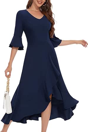 HomRain Women's V Neck Bell Sleeve Formal Dresses for Wedding Guest Ruffle Split Evening Party Cocktail Dress