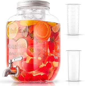 1-Gallon Drink Dispenser. Glass Beverage Dispenser with Stainless steel Spigot plus Ice Cylinder and Fruit Infuser! Water Dispenser, Lemonade Stand, Juice Container - Drink Dispensers for Parties