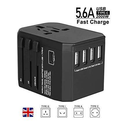 Universal Travel Adapter for UK to European USA Asia and over 200 Countries,Evershop Worldwide Travel Plug Adapter 5.6A Fast Charge with 4 USB   Type-C and AC Socket