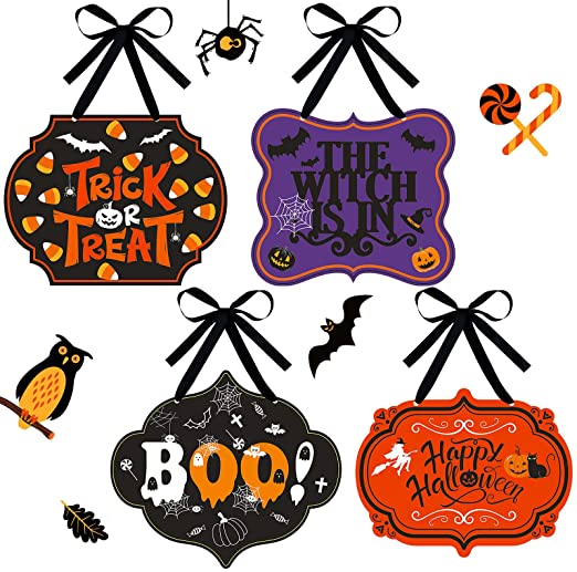 4 Pieces Halloween Felt Hanging Signs Happy Halloween Trick or Treat Wall Plaque Signs Pumpkin Witch Ghost Black Cat Bat Wall Decor Signs Halloween Welcome Signs for Halloween Party Home Door