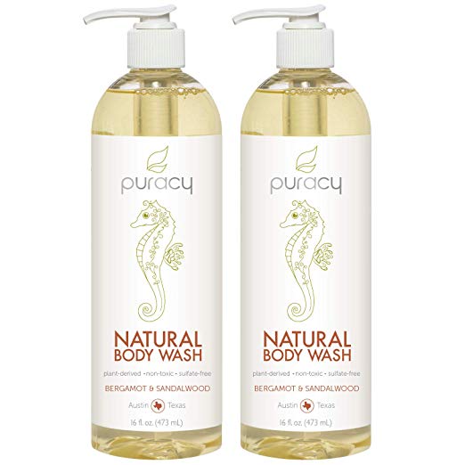 Puracy Natural Body Wash, Bergamot & Sandalwood, Sulfate-Free Bath and Shower Gel, 16 Ounce (2-Pack)