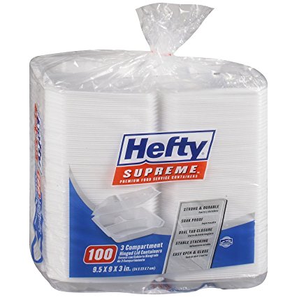 Hefty Foam Hinged 3 Compartment Togo Boxes, 100 Count