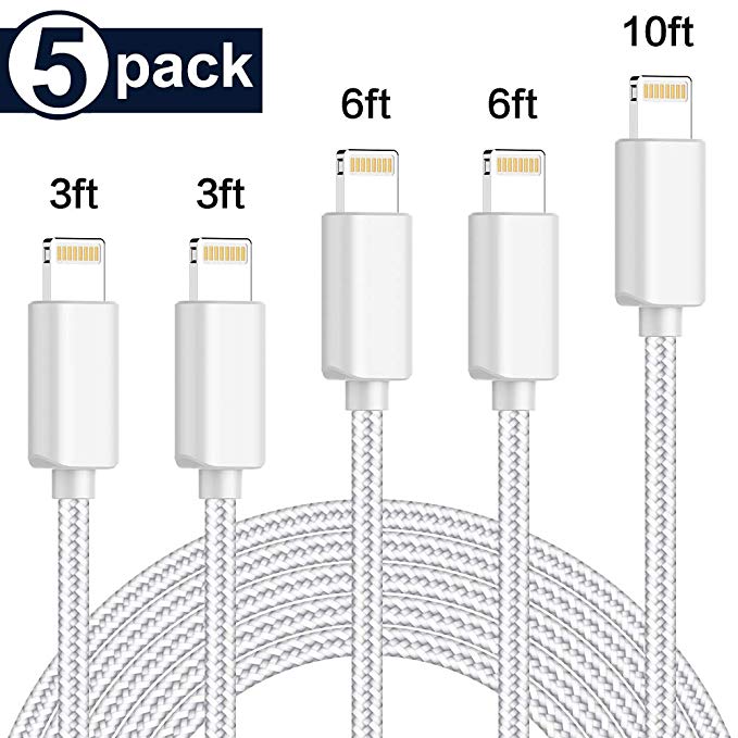 PLmuzsz MFi Certified iPhone Charger Lightning Cable 5 Pack Extra Long Nylon Braided USB Charging & Syncing Cord Compatible iPhone Xs/Max/XR/X/8/8Plus/7/7Plus/6S/ 6S Plus/SE/iPad/Nan More Silver