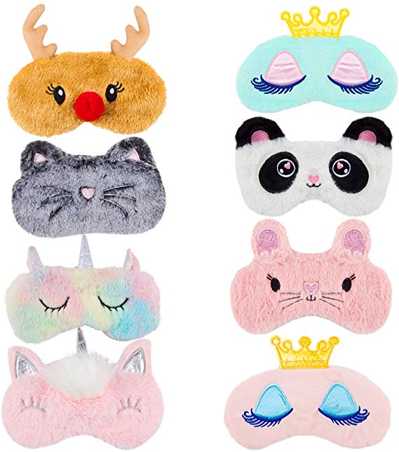 Biubee 8 Pack Cute Animal Sleep Mask- Lovely Animal Sleeping Mask Soft Plush Blindfold Eyeshade Rabbit Panda Koala Elk Unicorn Eye Covers Eye Mask for Kids Teens Girls Plane Travel Nap Overnight Party