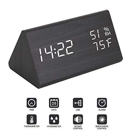 Digital Alarm Clock - with Wooden Electronic LED Time Display, Digital Clock Dual Temperature & Humidity Detect Alarm Clocks for Bedrooms Ideal for Bedroom Office Home - Black