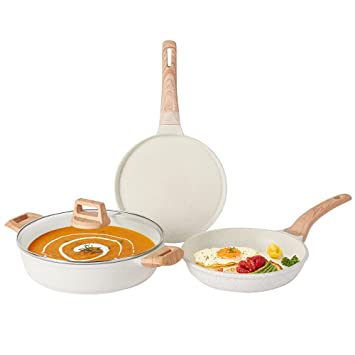 Carote Granite Non Stick Set Combo, Induction Cookware Set, 3 Pcs, Pan Tawa Kadai Set (24cm Frying Pan 28cm Dosa Tawa 28cm Kadai), PFOA Free, 5 Layers, White