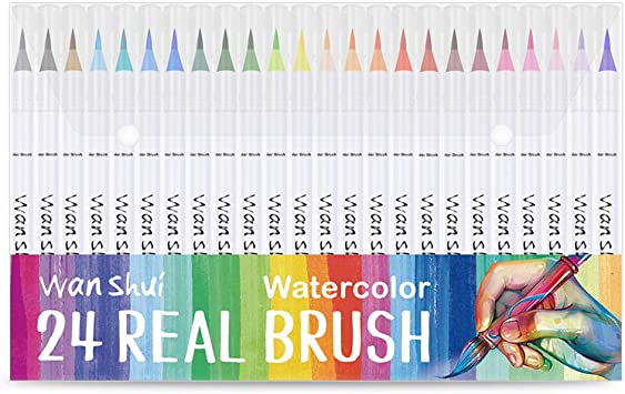 24 Real Brush Pen - Premium Quality Vibrant Colors Soft Flexible Brush Tip Watercolor Markers with a Palette, Best for Adult Coloring Books, Manga, Comic, Calligraphy