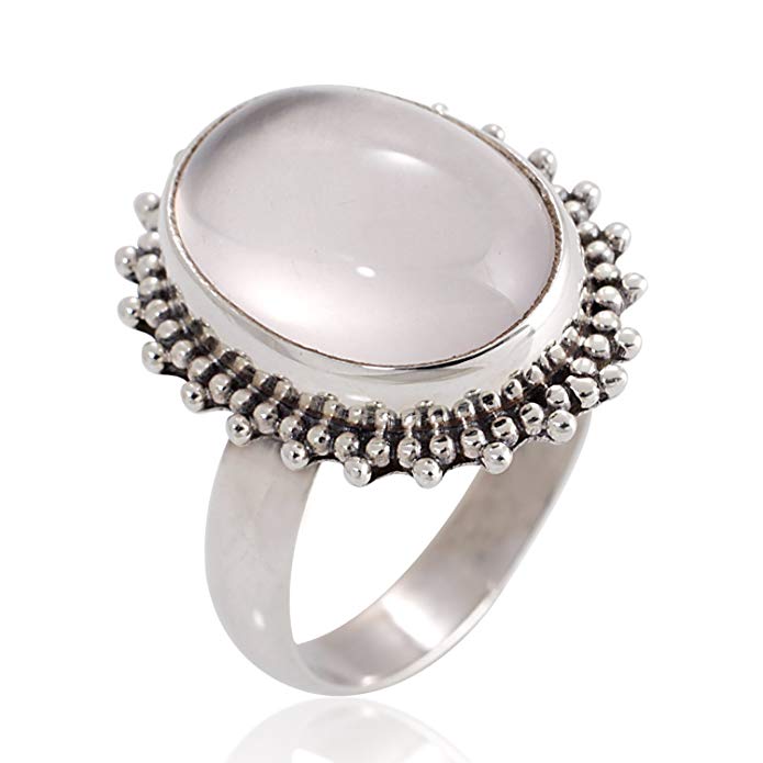 Chuvora 925 Oxidized Sterling Silver Natural Moonstone Gemstone Oval Shaped Vintage Band Ring Size 6, 7, 8