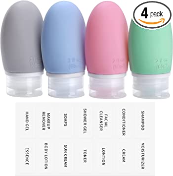 Opret 4 Pcs 60ml Silicone Travel Bottle Set, Leak Proof Refillable Squeezable Containers with Label 2oz for Shampoo, Conditioner and Toiletries, BPA Free and TSA Approved