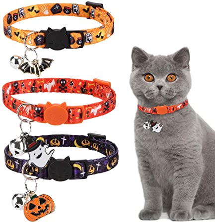 EXPAWLORER Halloween Cat Collar Breakaway - 3 Pack Soft Adjustable Collars with Bells & Pendant, for Cats and Kittens, Thermal Transfer Printing