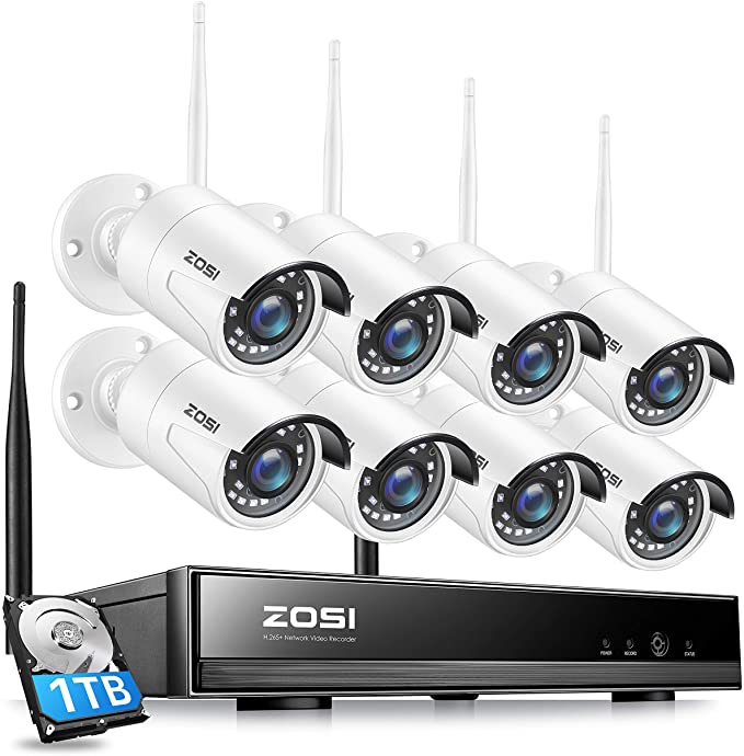 ZOSI 8CH 1080P Wireless Security Camera System with 1TB Hard Drive, H.265  8CH 1080P CCTV NVR,4PCS 1080P Indoor Outdoor WiFi Surveillance Camera,80FT Night Vision, Motion Alert,Remote Access