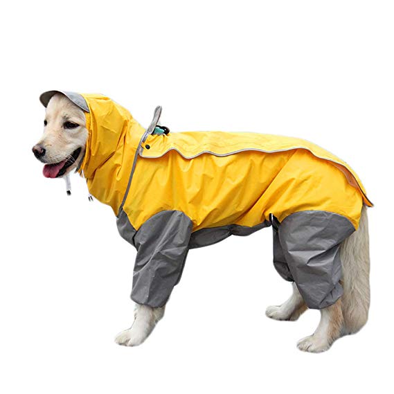 TFENG Dog Raincoat with Removable Hoodie, Outdoor Adjustable Drawstring, Magic Tape Waterproof Rain Jacket with Hood Collar Hole Yellow Size 16