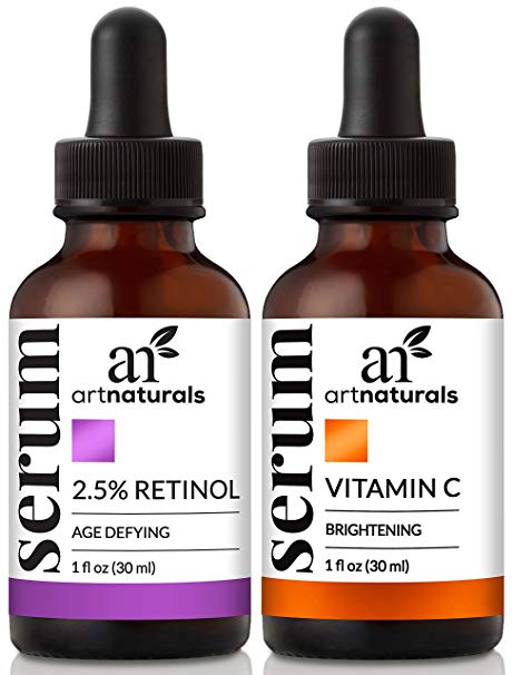 ArtNaturals Organic Vitamin-C and Retinol Serum – (1.0 oz x 2) Holiday Gift Set - Anti Wrinkle & Dark Circle Remover (Morning & Night Anti Aging Therapy) – All Natural and Moisturizing Treatment