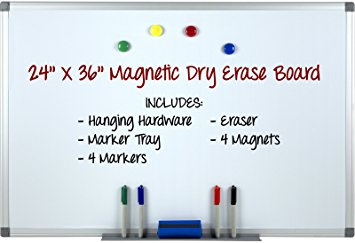 Magnetic Dry Erase Board 24x36, Aluminum Frame with 4 Markers, 4 Magnets, 1 Eraser, Marker Tray and Hanging Hardware Included