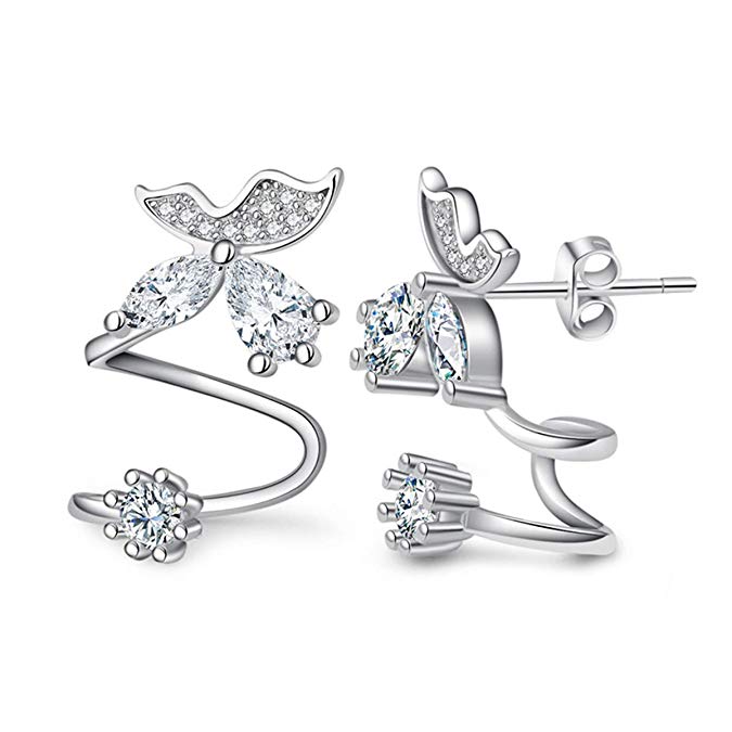 Orris Sterling Silver Flower Fariry Style Ear Cuff Wrap Clip Stud Set Earrings (For Pierced Ear)