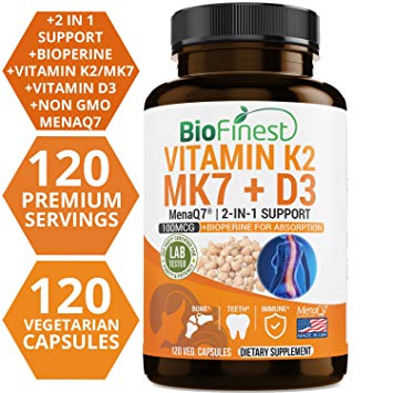 Biofinest Vitamin K2 (MK7) with D3 Supplement - Vitamin D & K Complex - 5000 IU Vitamin D3 & 100 mcg Vitamin K2 MK-7 - Bone and Heart Health Formula - Easy to Swallow (120 Vegetarian Capsules)