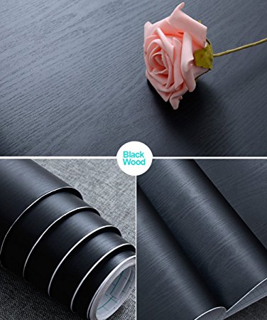 17.71" X 78.7" Black Wood Contact Paper Decorative Self-Adhesive Film for Furniture Real Wood Tactile Sensation Surfaces Easy to Clean