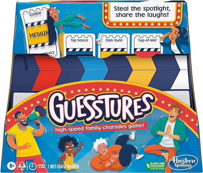 Hasbro Gaming Guesstures Game, Charades Game for 4 or More Players, Includes Customizable Cards and Clapper, Family Party Game for Ages 8 and Up