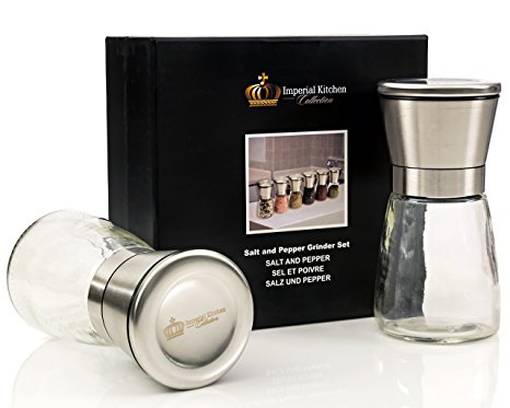 #1 Best Salt and Pepper Grinder Set - Deluxe Stainless Steel Mills, Glass Bottle, Adjustable Ceramic Grinding Mechanism, Premium Gift Box by Imperial Kitchen Collection