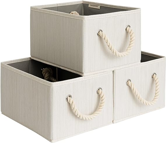 StorageWorks Storage Baskets for Organizing, Foldable Storage Baskets for Shelves, Fabric Storage Bins with Handles, Beige, White & Ivory, 3-Pack