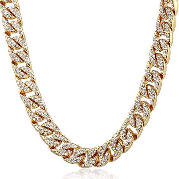 Trendsmax 14mm Mens Womens Chain Hip hop Iced Out Miami Curb Cuban Gold Plated Necklace w Paved Clear Rhinestones