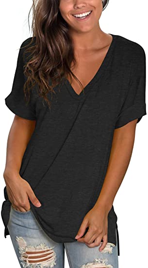 liher Women's Tshirts Casual V Neck Short Sleeve Loose Summer Tunic Tops