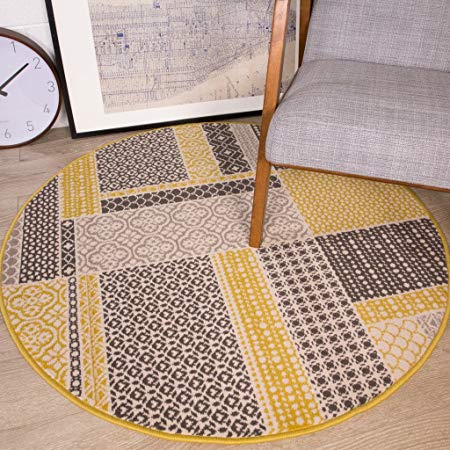 Milan Ochre Mustard Yellow Grey Beige Patchwork Squares Traditional Living Room Rug 60cm x 240cm