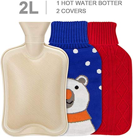 Hot Water Bottle with Knit Cover - Natural Rubber Hot Water Bag BPA Free Durable with Two Replaceable Knit Cover Great for Pain Relief Keep Warm Hot and Cold Therapy(2 Liter)