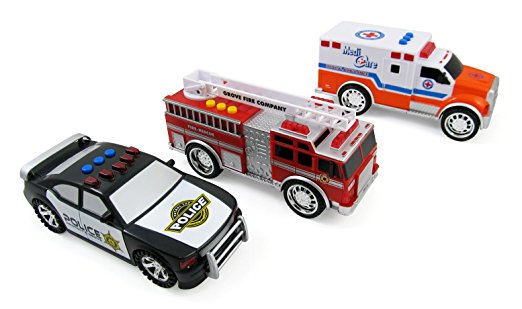 3-in-1 Emergency Vehicle Toy PlaySet for Kids w/ Lights and Sounds (Fire Truck, Police Car, Ambulance)