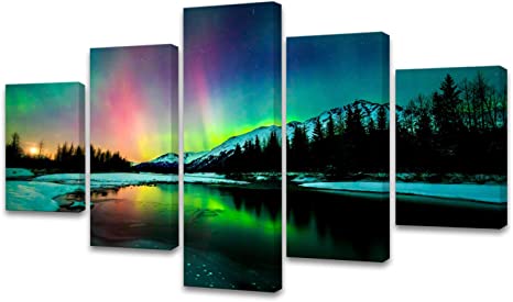 S01939 5 Pieces Wall Art Aurora Scenery Painting on Canvas Stretched and Framed Canvas Paintings Ready to Hang for Living Room Bedroom Home Office Wall Décor