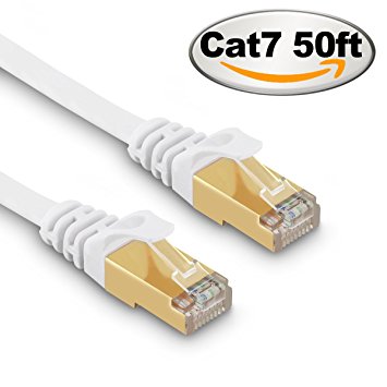 Cat 7 Ethernet Cable 50 ft White - Fastest Cat7 Flat Ethernet Patch Cables 10GB with Gold Plated RJ45 Connectors - Internet Network Cable for Modem Router Lan Computer Xbox