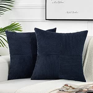 Fancy Homi 2 Packs Navy Blue Big Decorative Throw Pillow Covers 24x24 Inch for Living Room Couch Bed Sofa, Rustic Farmhouse Boho Home Decor, Soft Corss Corduroy Patchwork Accent Cushion Case 60x60 cm