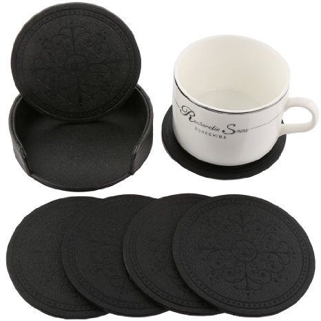 HappyDavid Leather Drink Coasters Cup Mat Set of 6 with Coaster Holder for Fine Wine Beer or Any Beverage Use on Bars or Fine Furniture in Your Kitchen (black round)