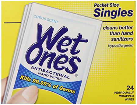 Wet Ones Citrus Antibacterial Hand and Face Wipes Singles, 24 Count