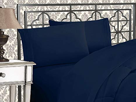 Elegant Comfort Luxury 4-Piece Bed Sheet Set Wrinkle, Fade and Stain Resistant 1500 Thread Count Egyptian Quality, Deep Pocket, 100-Percent Hypoallergenic, Queen Size, Navy Blue