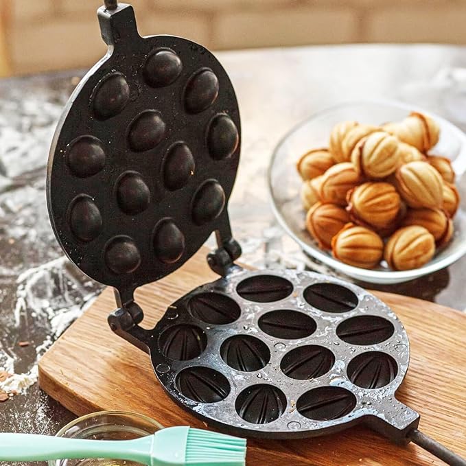 BIOL Heavy Oreshki Mold Oven Cookies Maker Oreshnitsa 12 Nuts Oreshki with Non-Stick Coating - Cookie Mold Oreshek Cake - Nut Cookie Shaped Molds - Metal Mold Form Nuts for Sweet Russian
