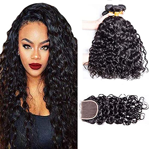 ALIMICE HAIR Water Wave 3 bundles with closure Brazilian 100% Human hair Weave bundles with 4x4 Closure Remy Hair extensions Can be dyed (12 14 16+10)