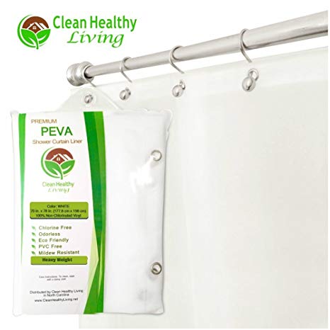 Clean Healthy Living Heavy Duty Extra Long PEVA Shower Liner/Curtain: Odorless & Mildew Resistant (with Suction Cups). Eco Friendly 70 x 78 in. long - White Color