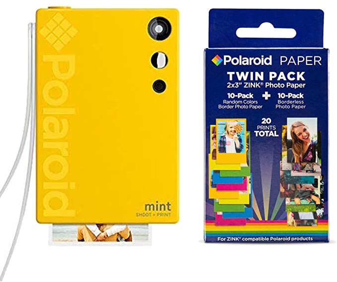 Polaroid Mint Instant Print Digital Camera (Yellow), W/ 20 Pack Zink Zero Ink 2x3 Sticky-Backed Photo Paper