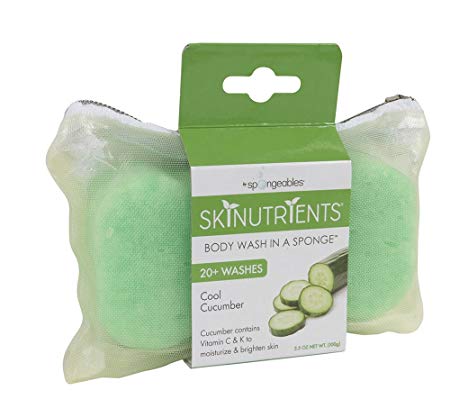 Spongeables Skinutrients Body Wash in a Sponge, Cool Cucumber, With Bonus Travel Bag, 20  Washes, 3.5 oz Sponge