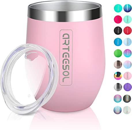 Wine Tumbler Glasses, Arteesol Coffee Tumbler with Lids Insulated Wine Glass Stainless Steel Multi Pack/Color12oz Double Wall Vacuum Unbreakable Cups for Wine/Coffee/Drinks/Champagne/Cocktails