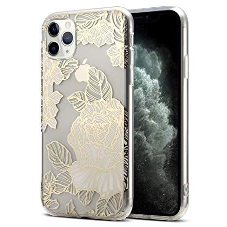 AHTONG Compatible with iPhone 11 Case, Clear Shiny Gold Foil Roses Flower Design for Girls Flexible TPU Bumper Soft Rubber Silicone Cover Phone Case for iPhone 11(6.1 inch)