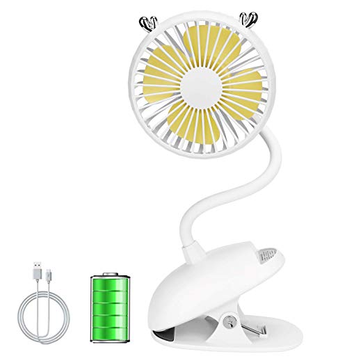 Zonsk Portable Clip On Fan, Cute Deer Flexible Neck Electric Fan, Small USB Fan with Rechargeable Battery, 3 Levels Adjust Mini Fan for Stroller, Bed, Carseat, Office (White)
